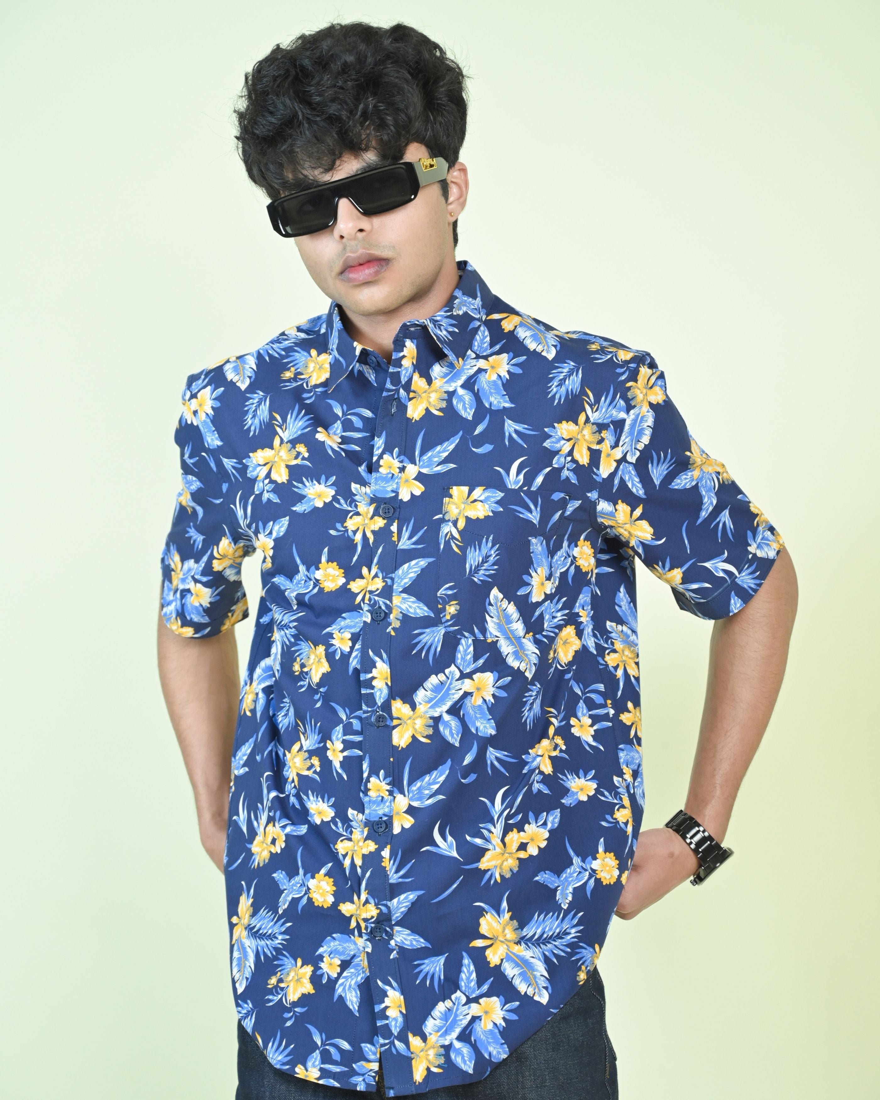 Men’s Floral Blue Digital Print Regular Fit Casual Shirt Half Sleeves