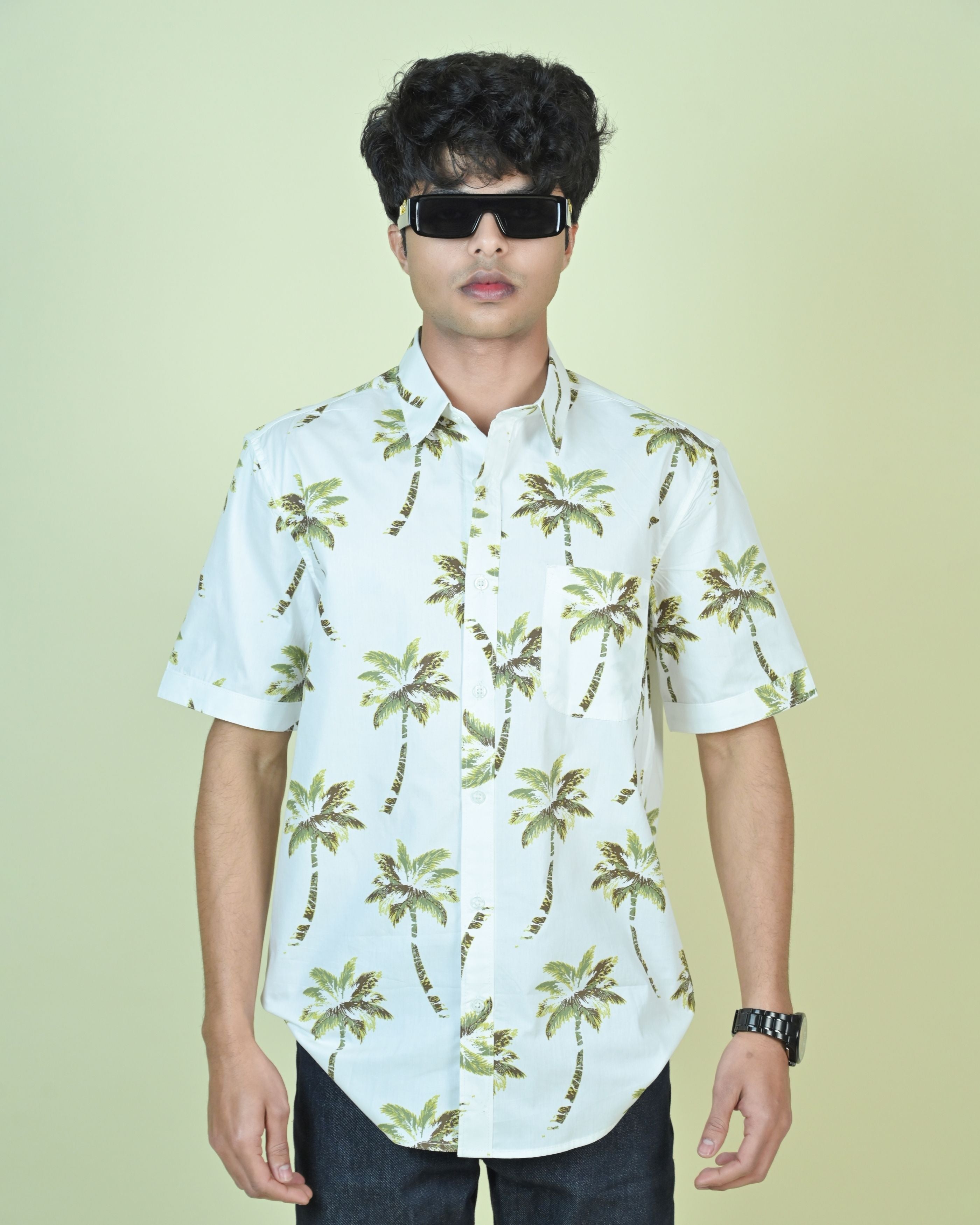 Tropical Print Shirt with Spread Collar